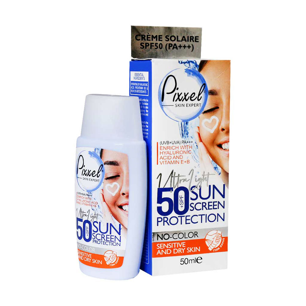 کرم ضد آفتاب SPF50 بی رنگ مناسب پوست خشک تا نرمال و حساس پیکسل PIXXEL
